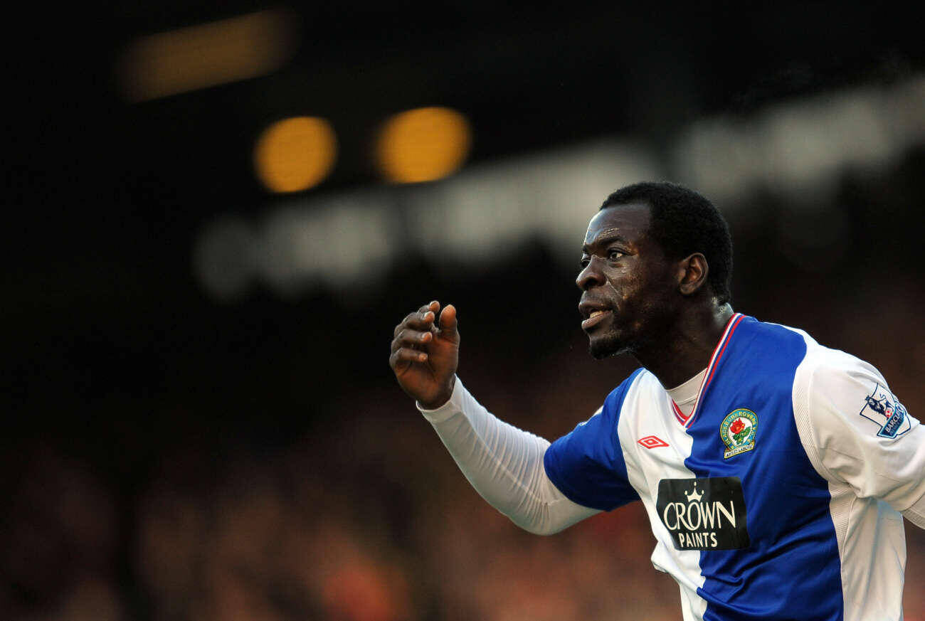 Blackburn Rovers' Congolese defender Christopher Samba celebrates scoring against Fulham their English Premier League football match at Ewood Park in Blackburn, north-west England, on January 17, 2010. AFP PHOTO/PAUL ELLIS - FOR EDITORIAL USE ONLY Additional licence required for any commercial/promotional use or use on TV or internet (except identical online version of newspaper) of Premier League/Football League photos. Tel DataCo +44 207 2981656. Do not alter/modify photo. (Photo credit should read PAUL ELLIS/AFP/Getty Images)