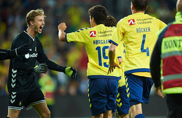 BRONDBY, DENMARK - JULY 21: Frederik Ronnow and Christian Norgaard of Brondby IF of Brondby IF celebrate after the UEFA Europa League qualifier match between Brondby IF and Hibernian FC at Brondby Stadion on July 21, 2016 in Brondby, Denmark. (Photo by Lars Ronbog / FrontZoneSport via Getty Images)