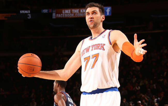 NEW YORK, NY - OCTOBER 25: Andrea Bargnani #77 of the New York Knicks during a preseason game against the Charlotte Bobcats on October 25, 2013 at Madison Square Garden in New York City.  NOTE TO USER: User expressly acknowledges and agrees that, by downloading and or using this photograph, User is consenting to the terms and conditions of the Getty Images License Agreement. Mandatory Copyright Notice: Copyright 2013 NBAE  (Photo by Nathaniel S. Butler/NBAE via Getty Images)